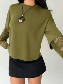Aloruh Kaos Wanita Kasual Warna Polos Kerah Bulat Pas Badan, Kaos Patchwork Renda Manis - Hijau Tentara - View 5