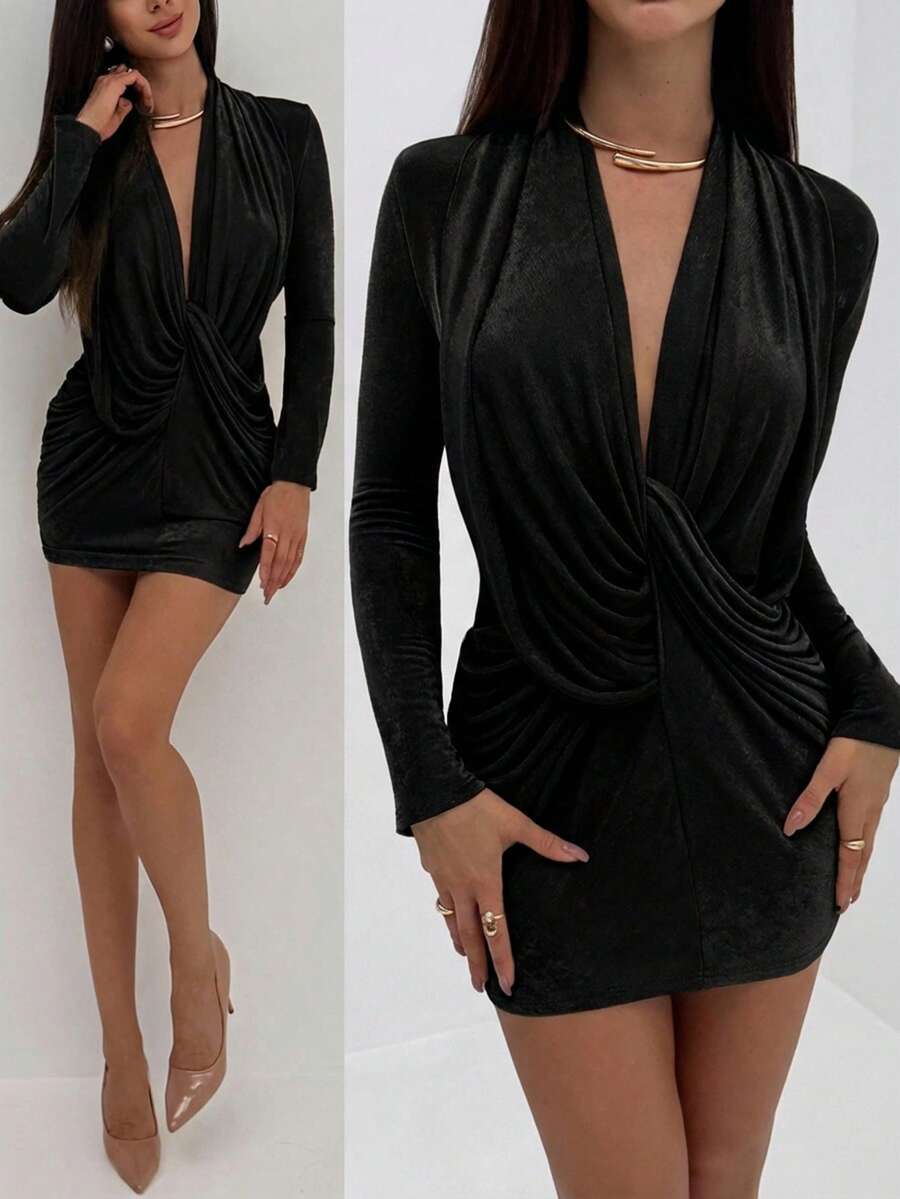 Aloruh Women's Sexy Deep V-Neck Long Sleeve Draped Cross Decor Mini Dress, Versatile For Party, Christmas, New Year Banquet - Black - View 1