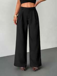 SHEIN PETITE 女士商务休闲裤 女士西式服装 女士阔腿裤 女士办公室服装 宽松裤 专业女士服装 办公室着装 灰色 - 黑色 - 查看 3