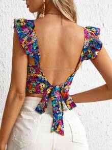 Soleia WYWH Women Vacation Spring Break Floral Print Tie Backless Ruffle Trim Crop Top - Multicolor - View 2
