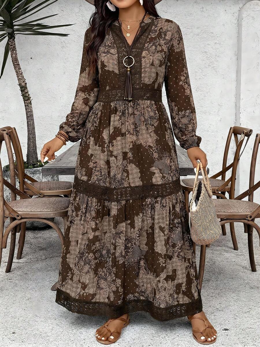 SHEIN VCAY 大码波西米亚风度假休闲复古西部风印花蕾丝拼接长袖雪纺连衣裙 - 咖啡棕 - 查看 1