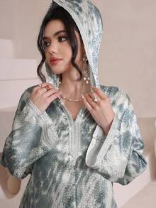 Al Najma 女士春夏蓝色扎染数码豹纹长袖连帽开衫和传统土耳其/阿拉伯长袍 - 藍色 - 查看 6