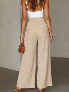 Almamuse 女士法式优雅纹理编织阔腿裤，轻松打造休闲夏日办公造型，高腰抽绳设计，显瘦效果，垂坠质感尽显休闲优雅。 - 杏色 - 查看 2