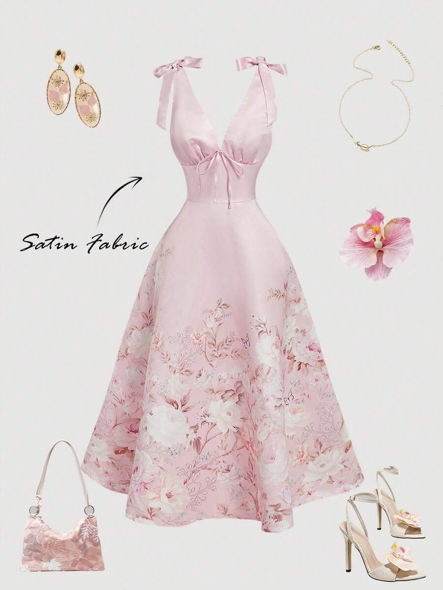 SHEIN MOD Váy cưới nữ size lớn phong cách Cottagecore thanh lịch in hoa thắt eo cho đám cưới, kỳ nghỉ, tiệc hẹn hò, tiệc khách mời đám cưới, váy hoa hồng bụi, váy trà, váy hoa trang trọng, váy cho nữ, trang phục mùa hè, trang phục trà nữ, trang phục - Hồng - Xem 1