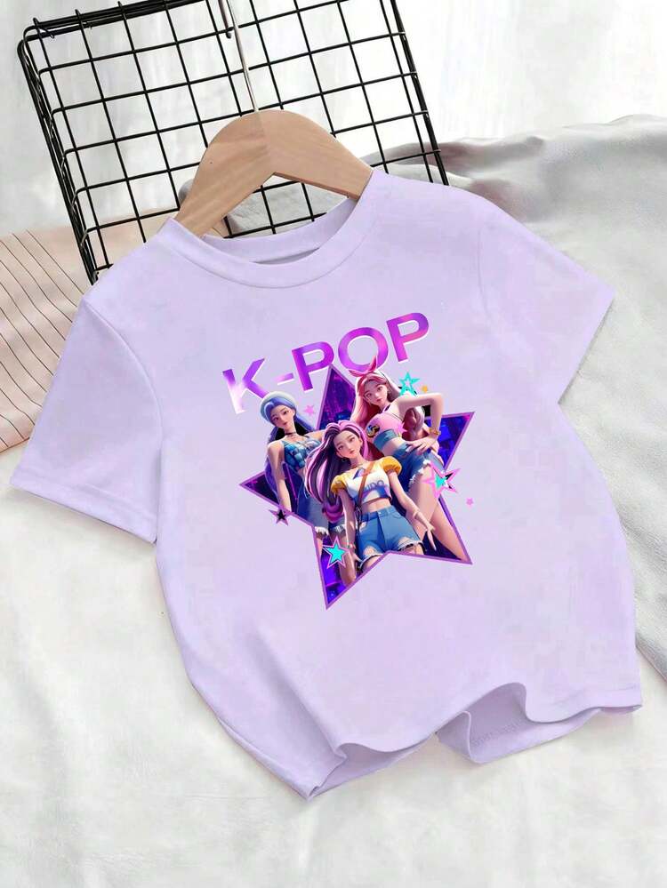 Áo thun tay ngắn cổ tròn in chữ và hình Kpop dành cho bé gái tuổi teen - Màu tím hoa cà - Xem 3