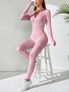 SHEIN PETITE Women's Solid Color Long Sleeve Zip-Up Stand Collar Jumpsuit - Baby Pink - View 6