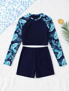 SHEIN Tween Girl Raglan Sleeve Tropical Plant Print Top And Shorts Swimsuit Set - Navy Blue - View 3