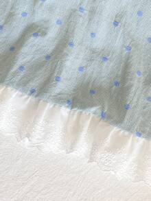 女婴休闲拼接格子波点提花蝴蝶结装饰荷叶边下摆可爱清新连衣裙 - 綠色 - 查看 7