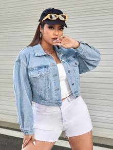 SHEIN EZwear 加碼洗水長袖牛仔外套 - 淺色水洗藍 - 查看 4