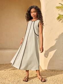 Sparklyn 少女休闲度假卡其色亚麻撞色滚边宽松连衣裙，适合海滩度假 - 卡其色 - 查看 5