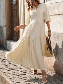 EMERY ROSE 女士纯色休闲宽松V领简约百搭长裙 - 米色 - 查看 4