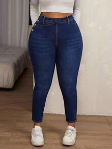SHEIN SXY Quần jean skinny cỡ lớn dành cho nữ, có chun co giãn và cúc cài bên hông. - Màu xanh lam - Xem 5