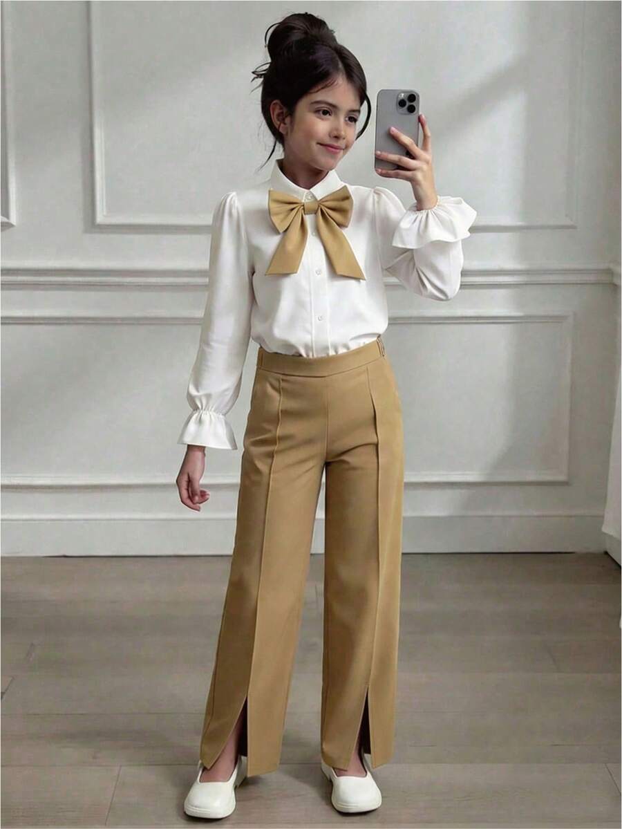SHEIN 女童撞色蝴蝶结长袖上衣和裤子两件套,春秋季 - 卡其色 - 查看 1