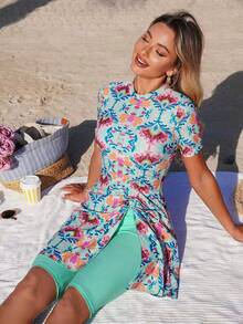 Swim Mulvari 2pcs Women's Fashion Side Ruched Split Design Short Sleeve Swimsuit Top And Regular Mid-Thigh Bikini Bottom Burkini Set, Spring/Summer - Multicolor - View 5