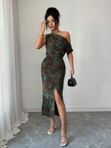 Rafferiza Elegant Off-The-Shoulder Sleeveless Dress  Slim-Fitting Dress With Ruched Hips And Overlapping Split Hem   Knitted Burnout Fabric Spring Dress   Green Base With Brown Floral Pattern Elegant Dress For Women   Women's Elegant Party Dress  Women's Elegant Long Dress   Women's Holiday Dress   Party Dress   Women's Spring Dress - Multicolor - View 4