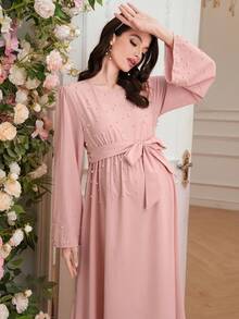 SHEIN 纯色长款休闲宽松串珠孕妇连衣裙 - 粉色 - 查看 3