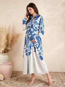 SHEIN Pregnant Women's Elegant Paisley Print Long Sleeve Dress - Blue - View 7