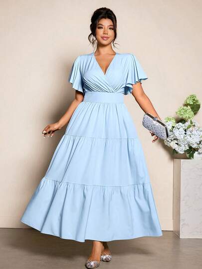 Elenzga Plus Size Women's Elegant Waist Cinched A-Line Long Sleeve Midi Dress, Suitable For Commuting, Spring/Summer