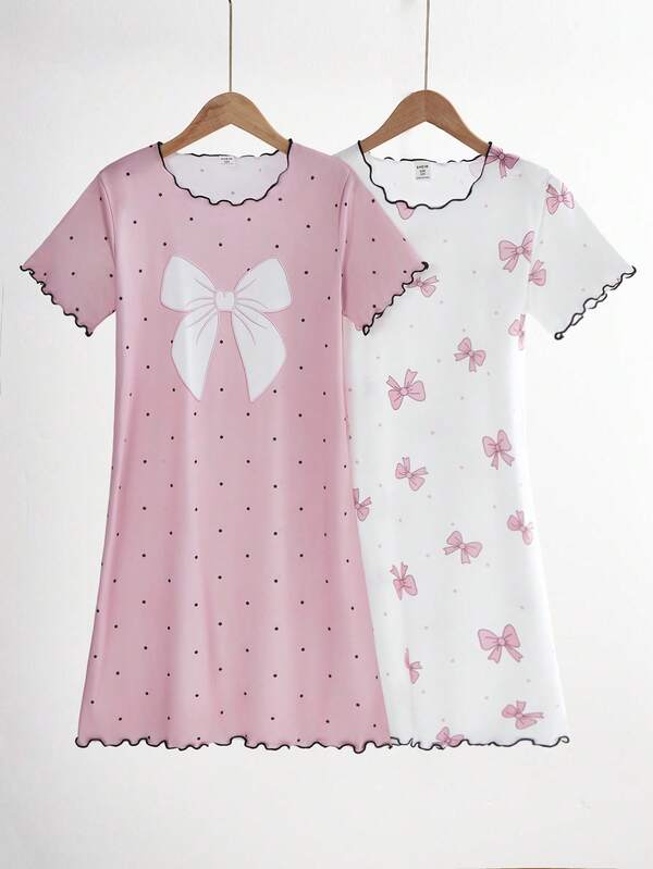 SHEIN 2件套女童可爱波点爱心图案舒适长款睡衣套装
