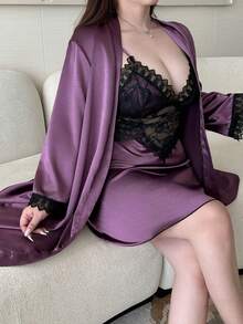 Dazy Plus 2pcs Elegant Contrast Lace Sexy Nightgown & Robe Set, Plus Size Women Sleepwear Pajamas - Purple - View 1