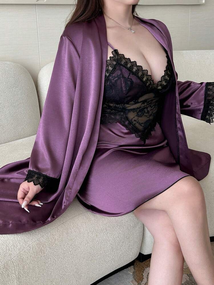 Dazy Plus 2pcs Elegant Contrast Lace Sexy Nightgown & Robe Set, Plus Size Women Sleepwear