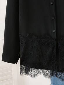 Modelyn Elegant Solid Color Long Sleeve Hem Ruffle Decor Fitted Plus Size Blouse, Spring/Autumn - Black - View 3