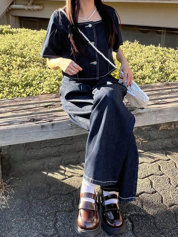 FRIFUL Women's Square Neck Short Sleeve Single-Breasted Top And Wide-Leg Jeans Casual Suit