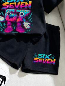 SHEIN 2件套婴儿幼儿男女通用0-3岁男婴女婴字母印花短袖上衣和短裤套装，舒适休闲日常基本款服装，适合室内、室外、日常、运动、玩耍、聚会、摄影、度假等场合。 - 黑色 - 查看 4