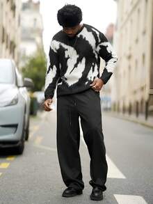 Heavens Edit 男士休闲宽松复古条纹套头毛衣，简约黑白配色，街头风，秋冬款，长袖上衣 - 黑色 - 查看 4