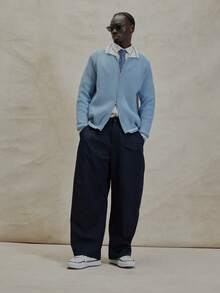 Musero 长袖针织拉链毛衣外套撞色领针织套头衫冬季必备 - 藍白色 - 查看 3