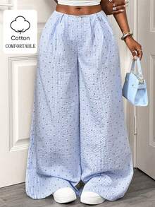BamGleam Women's Striped Wide Leg Loose Casual Pants Vacation Boho Sexy Plain Plaid Striped Casual Cotton Pants Summer Pants Beach Pants For Women Summer Wide Leg Pants Wide Leg Summer Pants - Blue and White - View 1