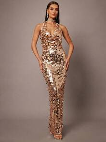 Silquee Đầm ôm dáng thanh lịch đính sequin dành cho nữ - Rượu sâm banh - Xem 7