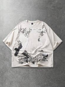 ROMWE MEN Street Life 男士休闲字母印花短袖T恤，夏季 - 杏色 - 查看 1