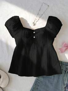 SHEIN Tween Girl Solid Color Button Design Sweetheart Collar Raglan Short Sleeve Shirt - Black - View 6