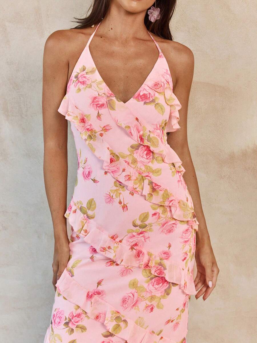 Enchnt 性感纯色无袖系带露背长裙，欧美时尚 - 粉色 - 查看 1