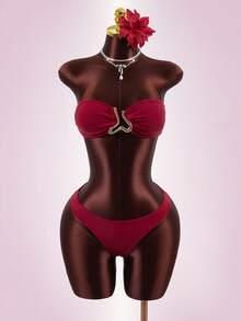 Zestiva 3件套夏季沙滩度假蕾丝上衣+蕾丝三角裤+蕾丝罩衫 - 酒紅色 - 查看 5