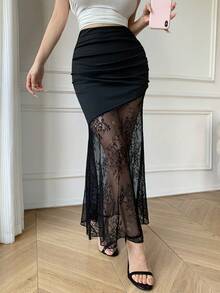 Celisse 女士纯色高腰褶皱撞色蕾丝鱼尾下摆优雅半身裙 - 黑色 - 查看 6