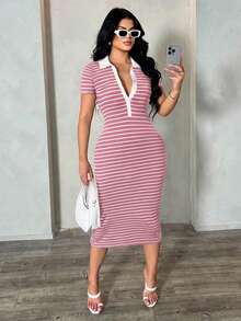 SHEIN SXY 女士休闲条纹Polo衫连衣裙，针织弹力修身中长连衣裙，法式优雅连衣裙 - 粉色 - 查看 5