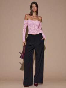 SHEIN BAE 女士蕾丝性感透视镂空露肩长袖上衣，酒红色，适合圣诞节、万圣节、亡灵节、秋冬季叠穿 - 淺粉色 - 查看 3