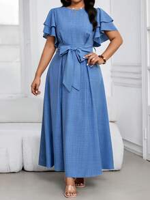 SHEIN Lady Đầm thanh lịch màu trơn tay bèo nhún thắt eo dành cho nữ cỡ lớn - Màu xanh lam - Xem 5