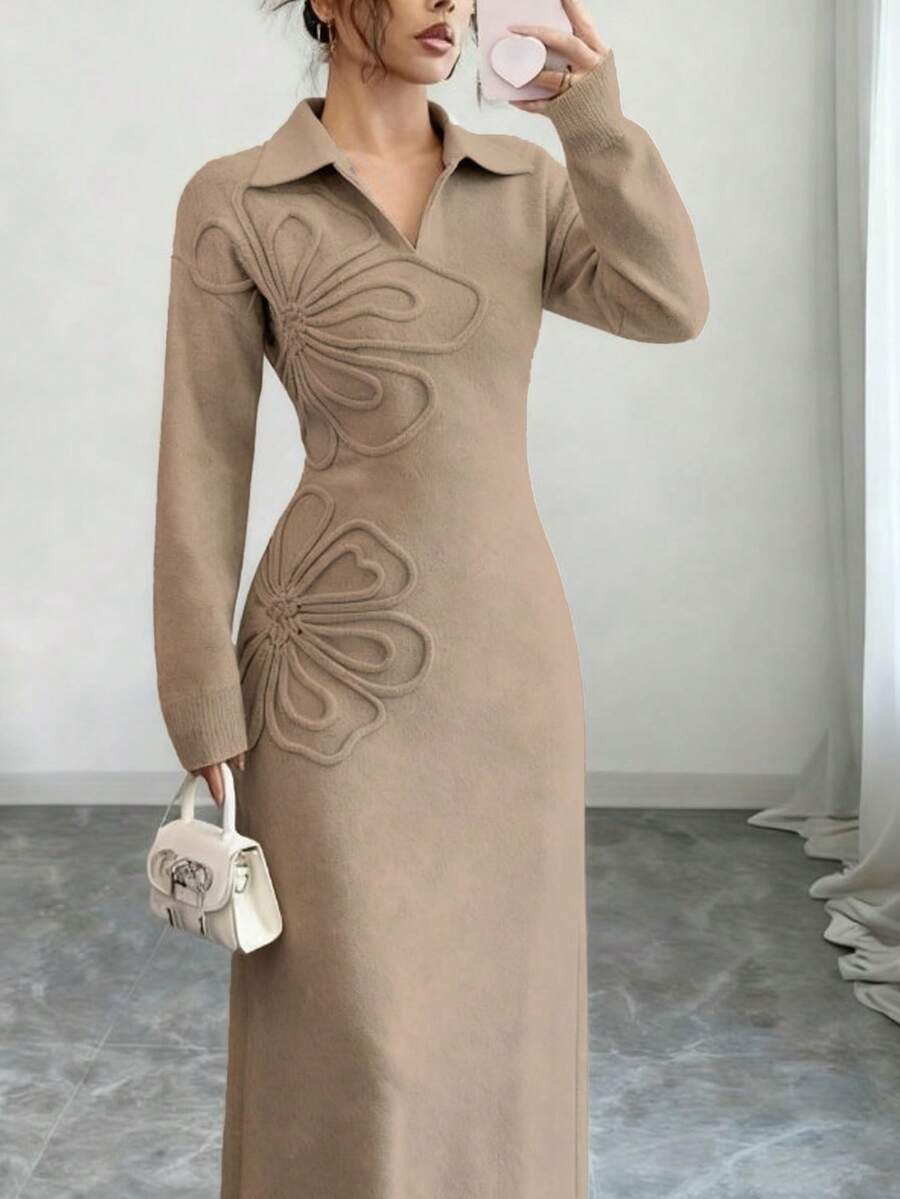 Women's Elegant Solid Color 3D Floral Knit Dress, Autumn/Winter - Khaki - View 1