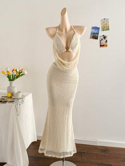 Soleia Conjunto sexy de top halter con escote profundo y diseño calado y falda de cola de pez de unicolor para vacaciones de mujer