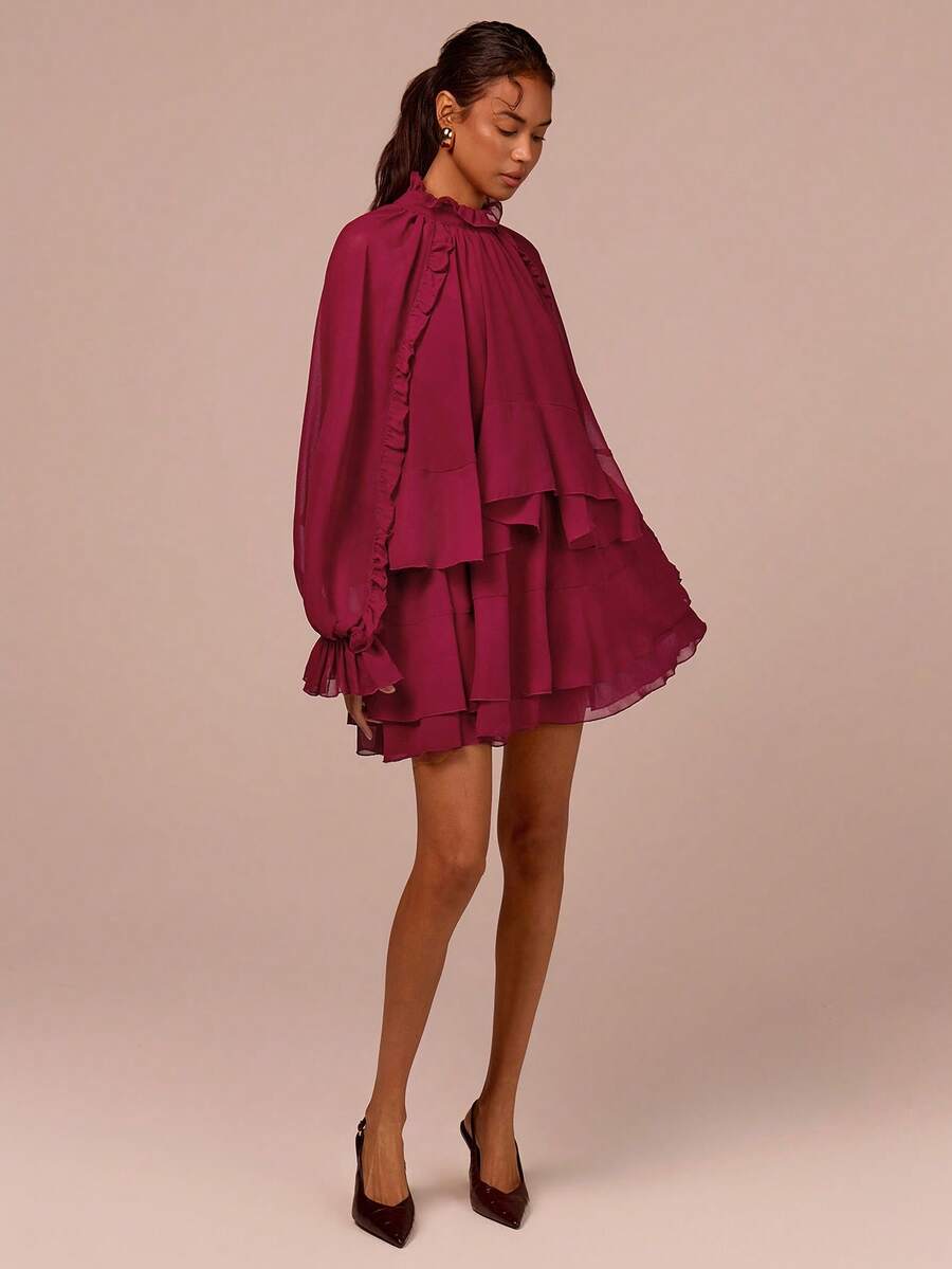 COSMINA 两件套女士优雅薄纱荷叶边迷你连衣裙套装，适合约会、通勤、派对、婚礼宾客等各种场合，四季皆宜。 - 酒紅色 - 查看 1