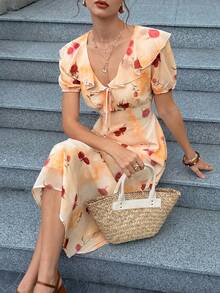 Cévolie Women's Summer New French Ruffled V-Neck Floral Tie Waist Slimming Puff Sleeve Romantic Printed Chiffon Dress - Yellow - View 5