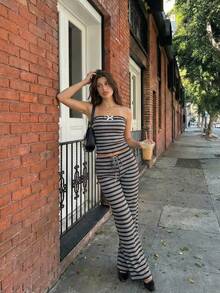 SHEIN MOD Quần nữ ống đứng cạp chun phối màu kẻ sọc, thích hợp mặc đi nghỉ mát và đi làm, mùa xuân/hè, lễ tình nhân, quần đi biển, trang phục nghỉ dưỡng cho nữ, kỳ nghỉ, trang phục thường ngày, quần kẻ sọc, phong cách cổ điển, nữ tính, mặc ở nhà, thoải mái, quần cạp thấp, thanh lịch. - Nhiều màu - Xem 2