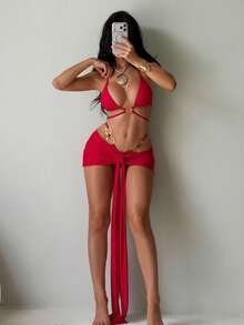 Swim SXY 3pcs/Set Sexy Circular Ring Bikini Swimsuit, Red Tie-Up Bodycon Skirt Swimwear, Sexy Beach Swimsuit - Red - View 3