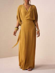 Zivah 2026春夏新款音乐节、复活节、圣帕特里克节、情人节、约会、西部风、游牧风、生日派对、毕业典礼、大学、学生、日常穿着、百搭基础款、休闲、度假、邮轮旅行、海滩、日光浴、爆款、街头风、婚礼宾客波西米亚风、通勤、早午餐、机场、派对、假日郊游、办公室着装 V领短袖亚麻长裙，腰部系带，金属装饰，开衩，飘逸，黄绿色 - 芥末黃 - 查看 3