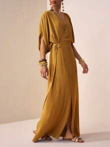 Zivah 2026春夏新款音乐节、复活节、圣帕特里克节、情人节、约会、西部风、游牧风、生日派对、毕业典礼、大学、学生、日常穿着、百搭基础款、休闲、度假、邮轮旅行、海滩、日光浴、爆款、街头风、婚礼宾客波西米亚风、通勤、早午餐、机场、派对、假日郊游、办公室着装 V领短袖亚麻长裙，腰部系带，金属装饰，开衩，飘逸，黄绿色 - 芥末黃 - 查看 4