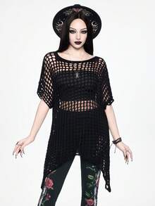 ROMWE Goth Áo len dệt kim lưới khoét lỗ màu đen dành cho nữ, kiểu dáng punk, tay áo cánh dơi dáng rộng, vạt áo không đều, thích hợp cho kỳ nghỉ biển, áo khoác ngoài. - màu đen - Xem 5