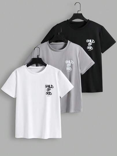 SHEIN 3pcs Boys' Casual Simple Graphic Print Crew Neck T-Shirts, 3 Colors Available, Comfortable Fabric, Suitable For Multiple Seasons